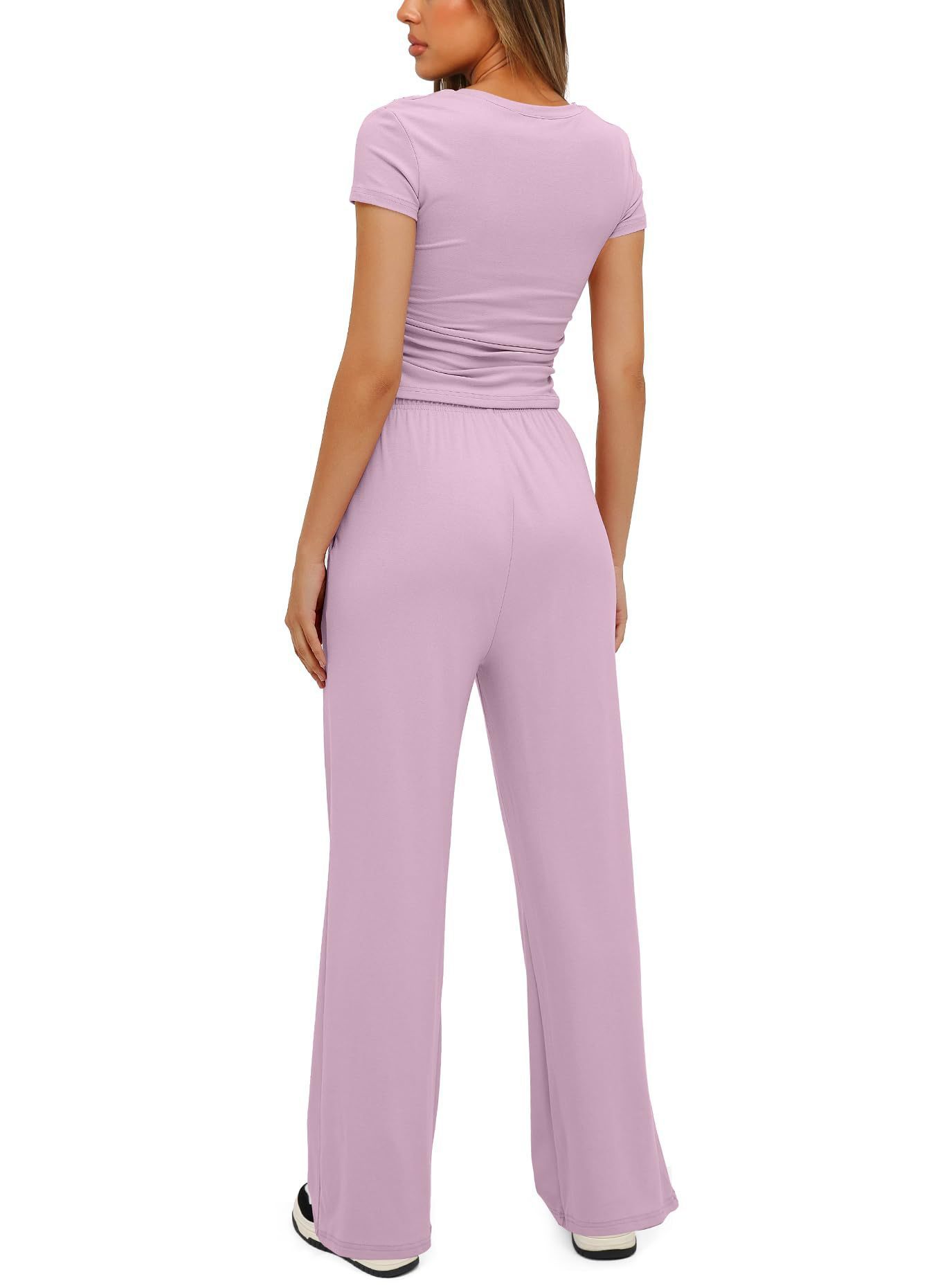 2pcs Solid Color Casual Sports Yoga Suit Short-sleeved Top And High-waisted Drawstring Wide-leg Pants Summer Fashion Set For Womens Clothing - KuzuSHOP