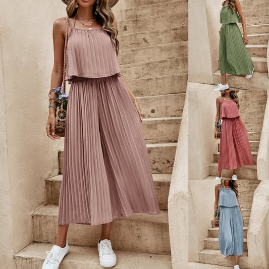 Women's Summer Solid Color Vacation Loose Suit Strap Backless Thin Romper Streetwear INS One-Piece Outfit Beach Style Striped Wide Leg Trousers Casual Suit - KuzuSHOP