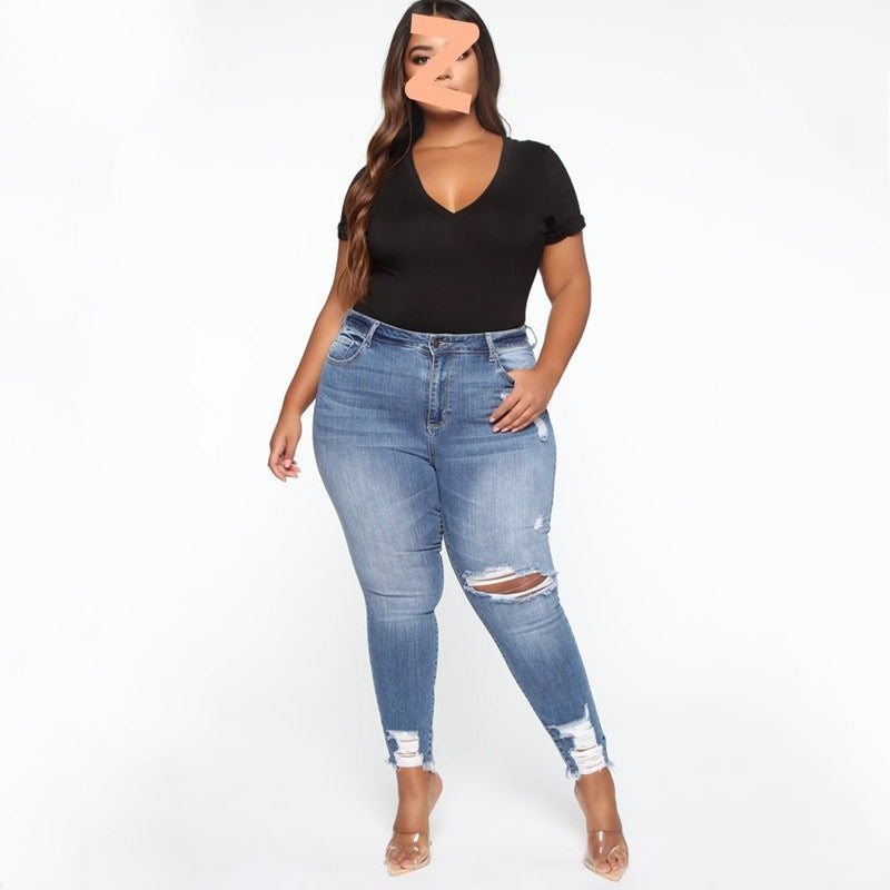 Women Clothes Ripped Plus Size Ladies Denim Pants Jeans - KuzuSHOP