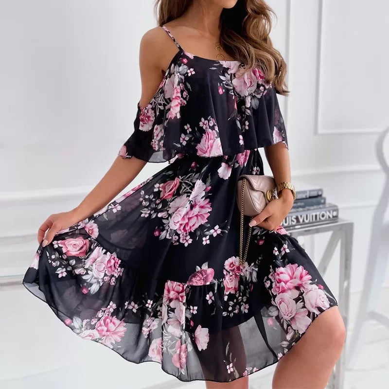 Flower Printed Ruffled Suspender Dress Summer Off-the-shoulder Strap Dresses Women - KuzuSHOP