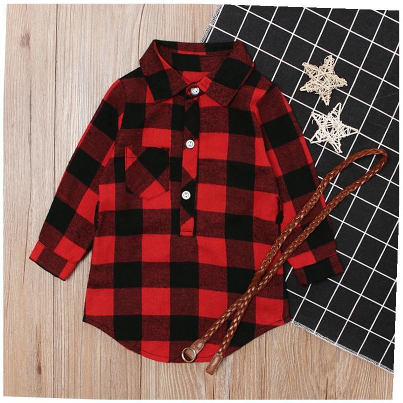 Fashion Girls Long Red Plaid Dress With Belt - KuzuSHOP