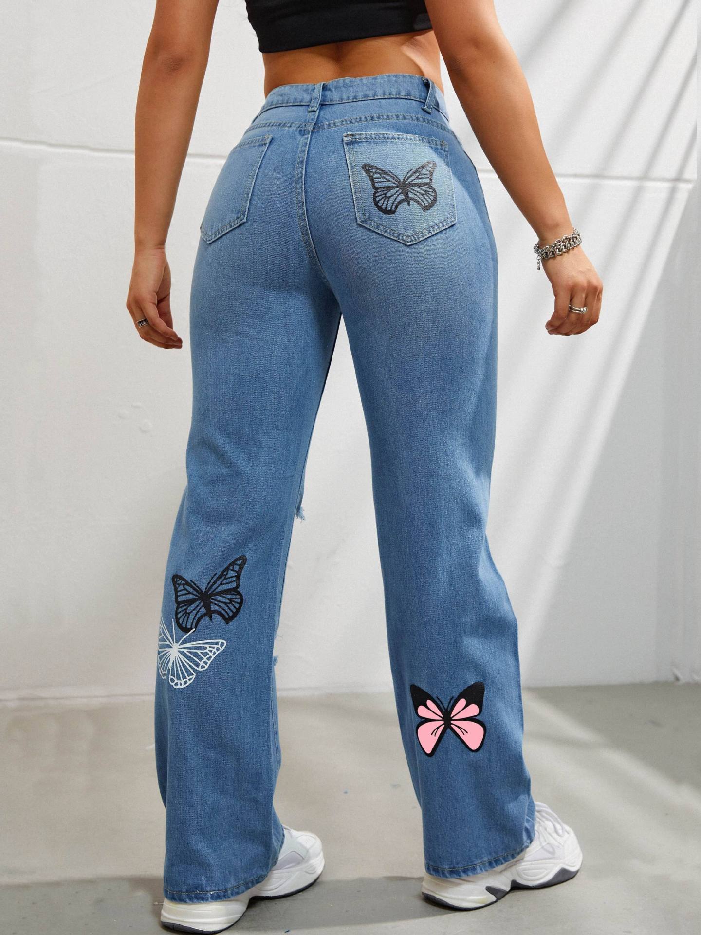 High Waisted Straight Leg Jeans For Women Trendy Butterfly Print Ripped Distressed Denim Pants - KuzuSHOP