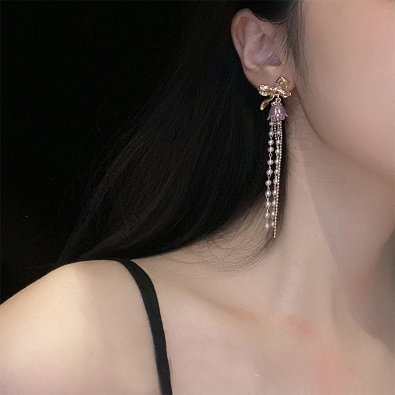Romantic Earrings Lavender Linglan Pearl Tassel Ear Clip - KuzuSHOP