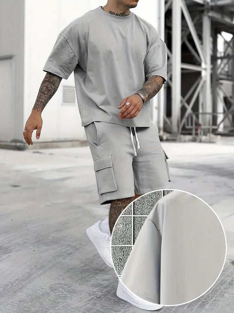 Men's Outfit, Solid Casual Loose Crew Neck Short Sleeve T-Shirt & Drawstring Shorts With Multi Pockets 2-piece Set For Summer Outdoor Activities - KuzuSHOP
