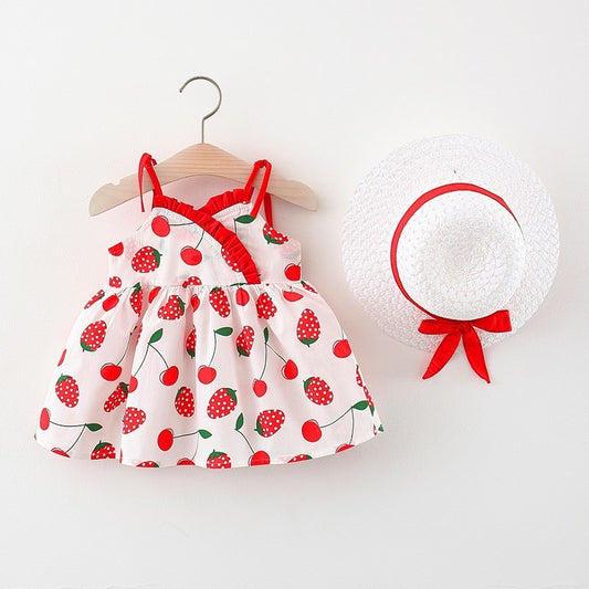 Printed Shoulder Collar Suspender Dress Western Style Sleeveless Princess Dress With Straw Hat - KuzuSHOP