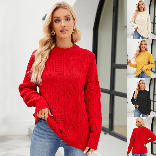 Casual Round-neck Pullover Sweater Fall Winter Solid Color Cable-knot Pattern Tops Women Clothing - KuzuSHOP
