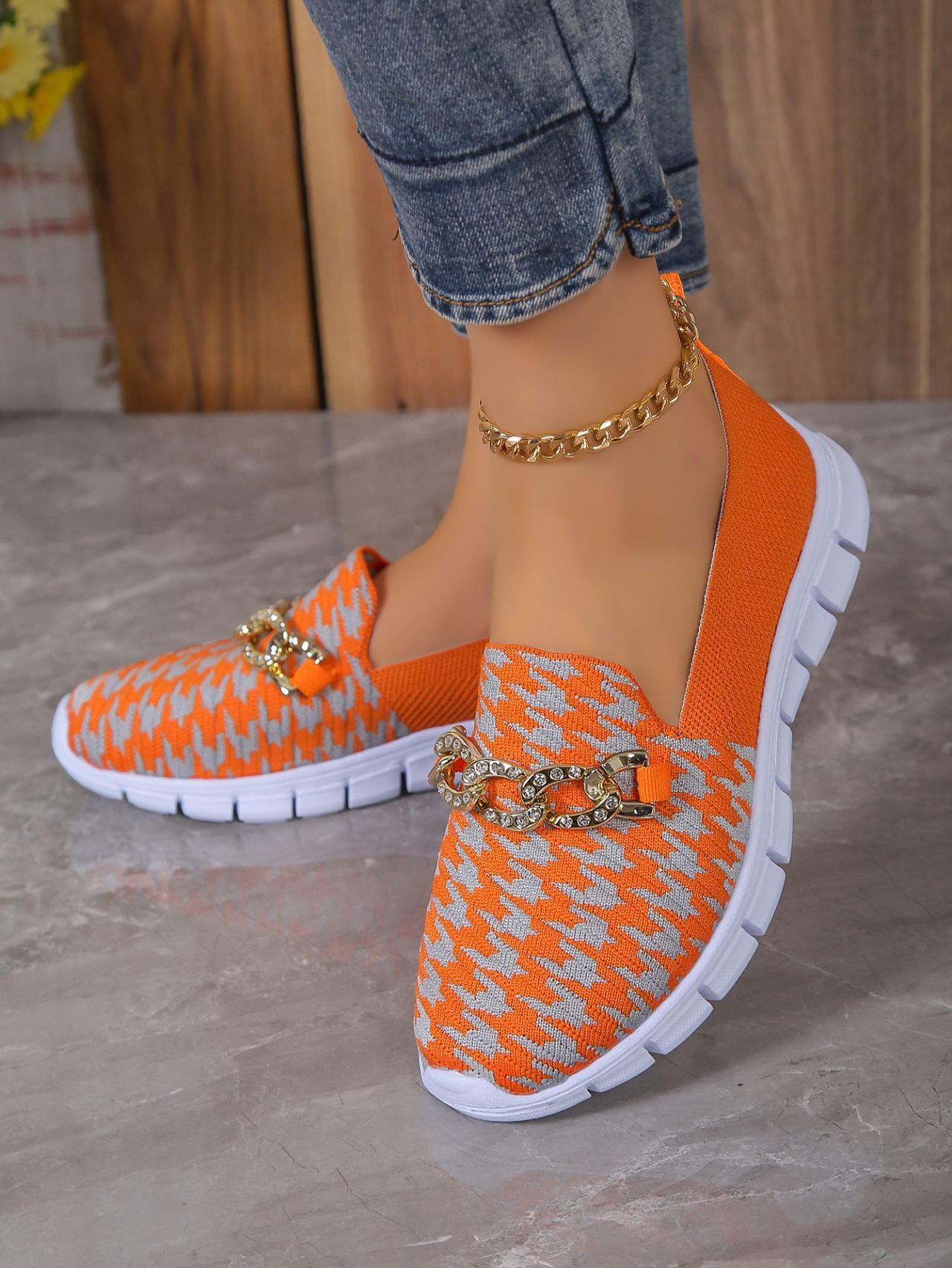Casual Houndstooth Print Chain Mesh Shoes Summer Walking Sports Flat Shoes Women Breathable Loafers - KuzuSHOP