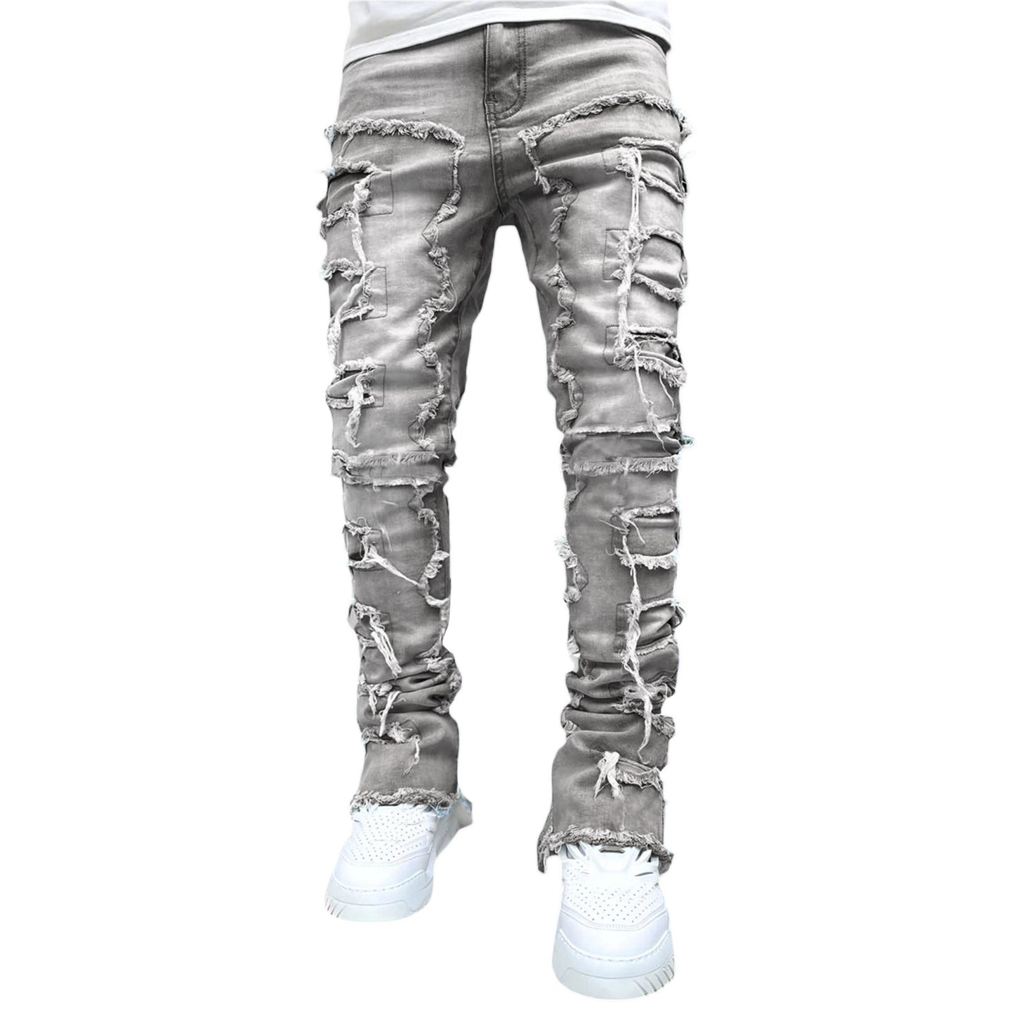 Men Trousers Individual Patched Pants Long Tight Fit Stacked Jeans For Mens Clothing - KuzuSHOP