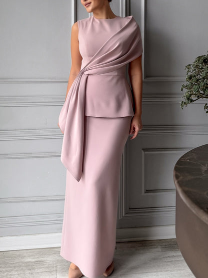 Solid Color Sleeveless Round Neck Top & Hip-Wrap Skirt Set - KuzuSHOP