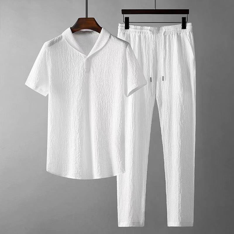 Leisure Suit Summer Loose Short Sleeve Top And Drawstring Trousers Fashion Mens Clothing - KuzuSHOP
