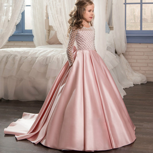 Mesh Long Sleeve Trailing Girls' Dress - KuzuSHOP