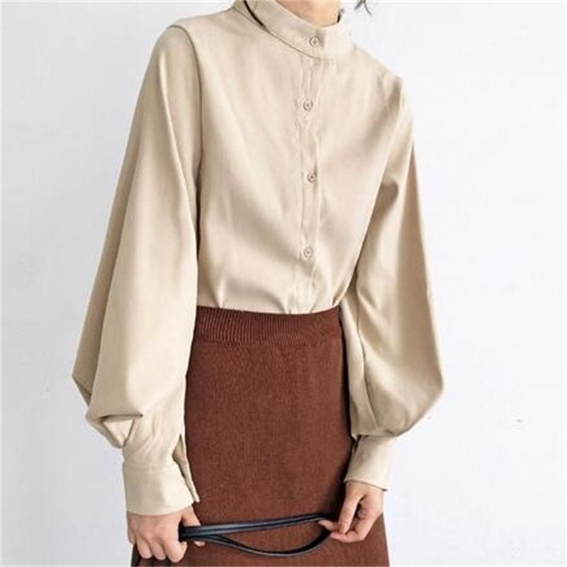 autumn and winter shirt stand-up collar lantern sleeve shirt long-sleeved loose top