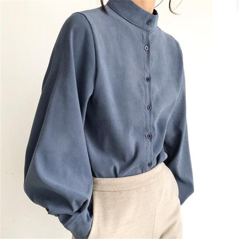 autumn and winter shirt stand-up collar lantern sleeve shirt long-sleeved loose top