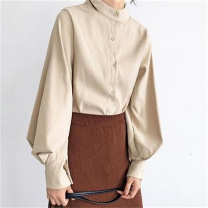 autumn and winter shirt stand-up collar lantern sleeve shirt long-sleeved loose top