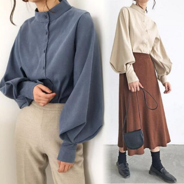 autumn and winter shirt stand-up collar lantern sleeve shirt long-sleeved loose top