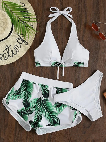 3pcs Leaf Print Bikini With Shorts Fashion Summer Beach Swimsuit Womens Clothing - KuzuSHOP