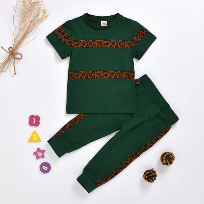 Fashion Children's Leopard Print T-Shirt And Trousers Two-Piece Suit