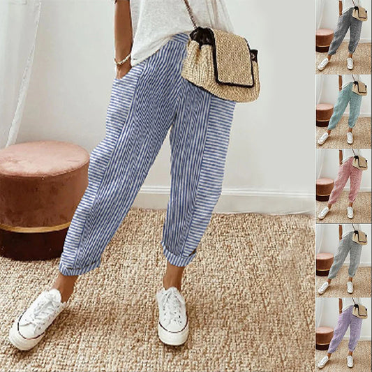 Women's Striped Print Trousers Summer Fashion Casual Loose Pants - KuzuSHOP