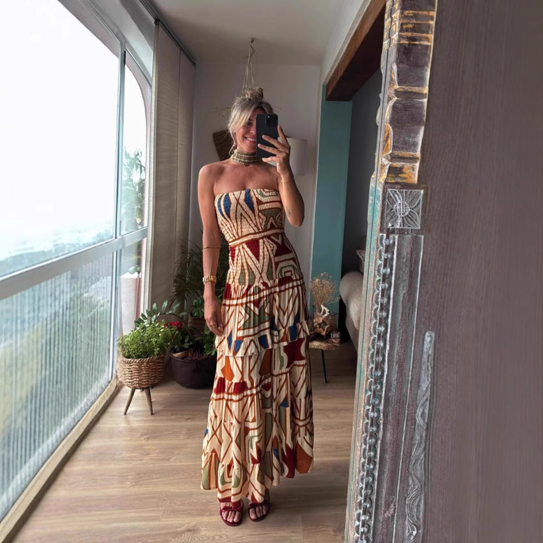 Women's Retro High Waist Printing Slip Dress - KuzuSHOP