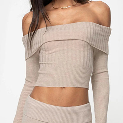 Boat Neck Long Sleeve Knitted Sweater Off-shoulder Crop Short Top SFor Womens Clothing - KuzuSHOP