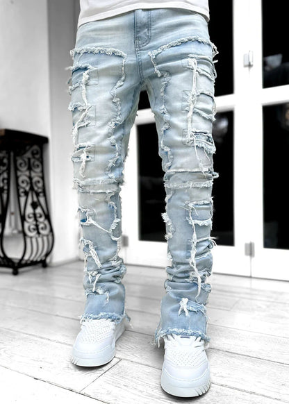 Men Trousers Individual Patched Pants Long Tight Fit Stacked Jeans For Mens Clothing - KuzuSHOP
