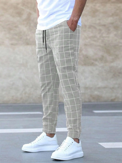 Fashion Plaid Print Pants Casual Drawstring Trousers Men's Clothing - KuzuSHOP
