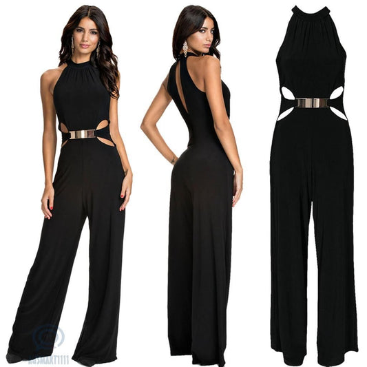 Fashion casual stitching long-sleeved high-neck flared pants black sling jumpsuit - KuzuSHOP