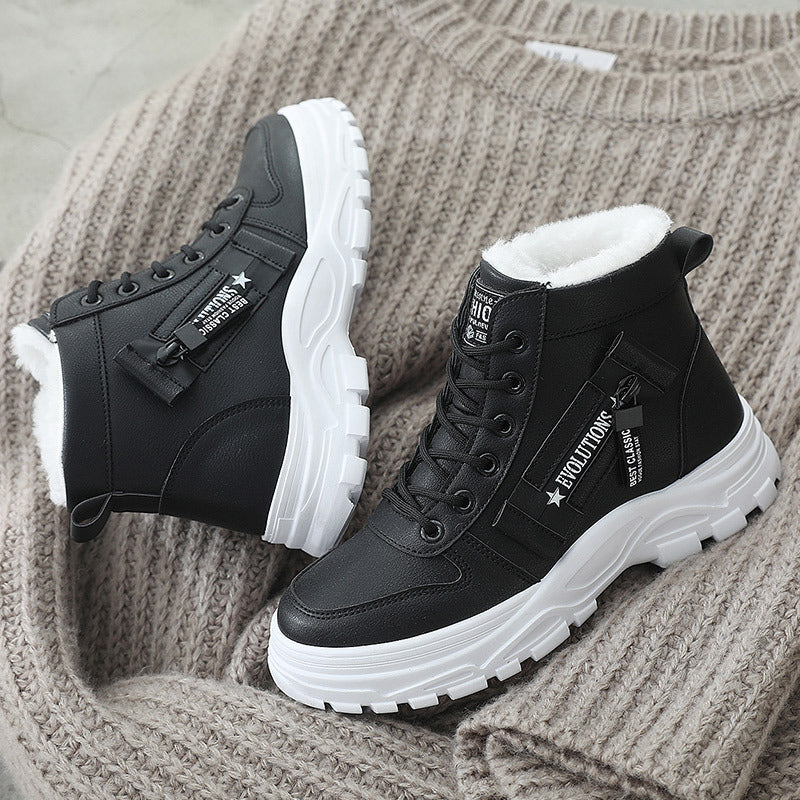 Women Fleece Lace-up Boots Winter Warm Short Plush High-top Shoes - KuzuSHOP
