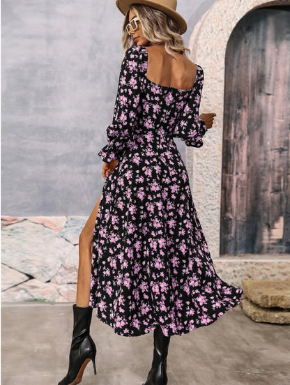 Flowers Printing Long Sleeve Dress Fashion Square-neck Bottom Slit Dresses Womens  Clothing - KuzuSHOP
