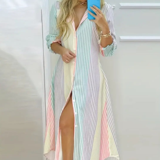 Color Block Striped Shirt Dress - KuzuSHOP