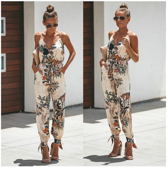 Women's Jumpsuit Flowers Print Spaghetti Strap Romper - KuzuSHOP