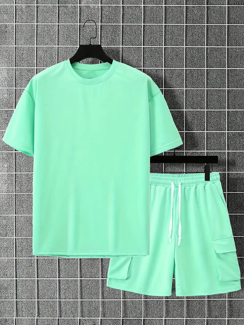 Men's Outfit, Solid Casual Loose Crew Neck Short Sleeve T-Shirt & Drawstring Shorts With Multi Pockets 2-piece Set For Summer Outdoor Activities - KuzuSHOP