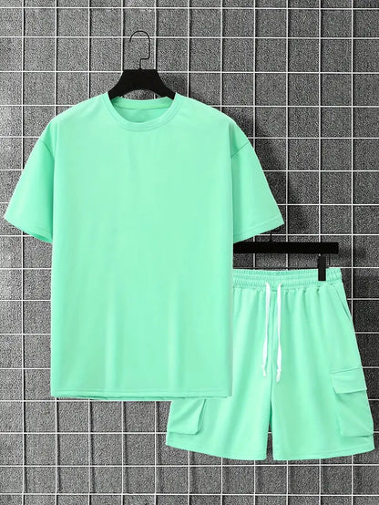 Men's Outfit, Solid Casual Loose Crew Neck Short Sleeve T-Shirt & Drawstring Shorts With Multi Pockets 2-piece Set For Summer Outdoor Activities - KuzuSHOP