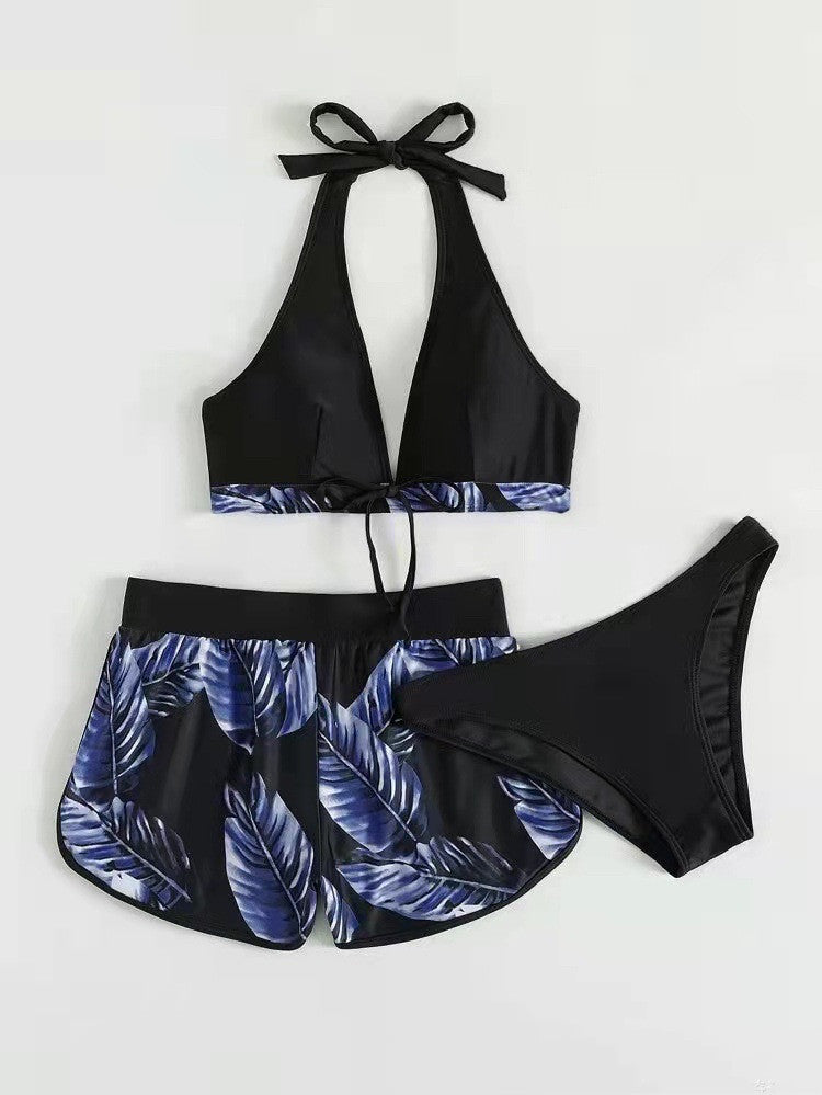 3pcs Leaf Print Bikini With Shorts Fashion Summer Beach Swimsuit Womens Clothing - KuzuSHOP
