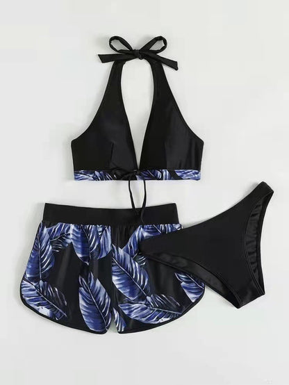 3pcs Leaf Print Bikini With Shorts Fashion Summer Beach Swimsuit Womens Clothing - KuzuSHOP