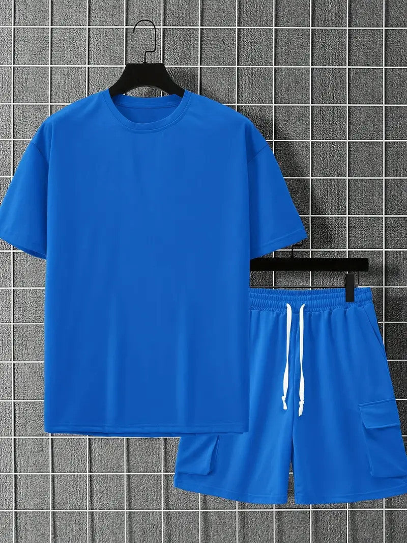 Men's Outfit, Solid Casual Loose Crew Neck Short Sleeve T-Shirt & Drawstring Shorts With Multi Pockets 2-piece Set For Summer Outdoor Activities - KuzuSHOP