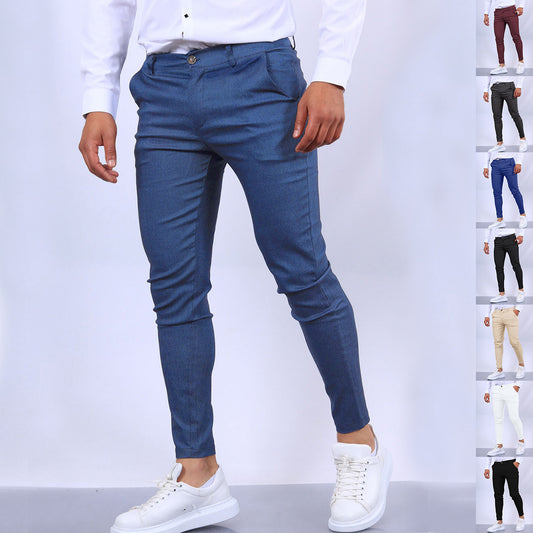 Men's Slim Button Trousers Fashion Solid Office Versatile Long Pencil Pants - KuzuSHOP