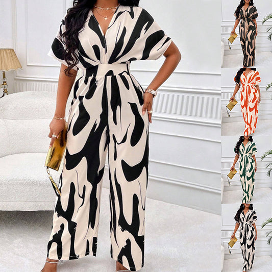V-neck Loose Printed Long Jumpsuit - KuzuSHOP