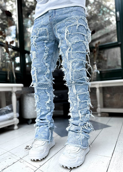 Men Trousers Individual Patched Pants Long Tight Fit Stacked Jeans For Mens Clothing - KuzuSHOP