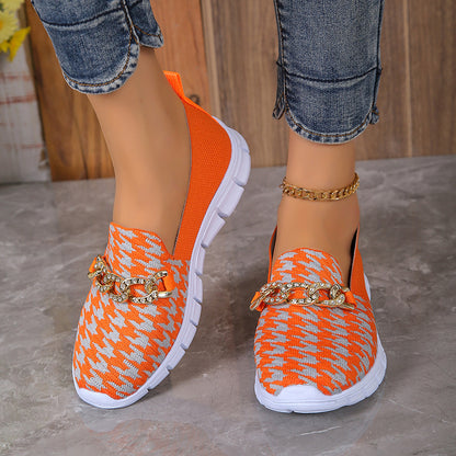 Casual Houndstooth Print Chain Mesh Shoes Summer Walking Sports Flat Shoes Women Breathable Loafers - KuzuSHOP