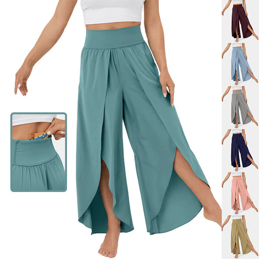Loose Split Yoga Pants Summer Elastic High Waist Wide Leg Trousers Women's Fashion Versatile Clothing - KuzuSHOP
