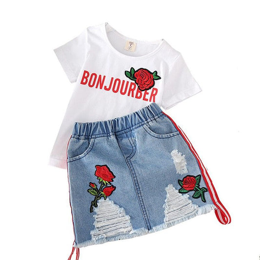 Kids Clothes White T-shirt Denim Skirt 2pcs Girls Suits - KuzuSHOP