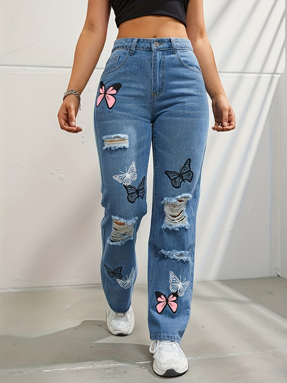 High Waisted Straight Leg Jeans For Women Trendy Butterfly Print Ripped Distressed Denim Pants - KuzuSHOP