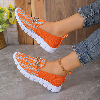 Casual Houndstooth Print Chain Mesh Shoes Summer Walking Sports Flat Shoes Women Breathable Loafers - KuzuSHOP
