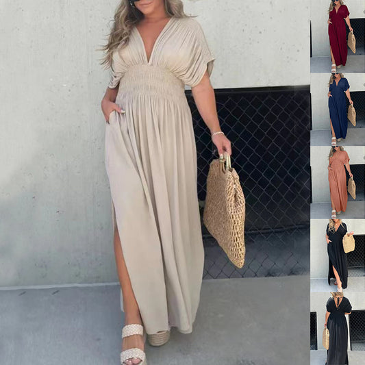 Fashion Bat-sleeved V-neck Slit Dress Summer Short Sleeve Elastic Waist Long Dresses Womens Clothing - KuzuSHOP