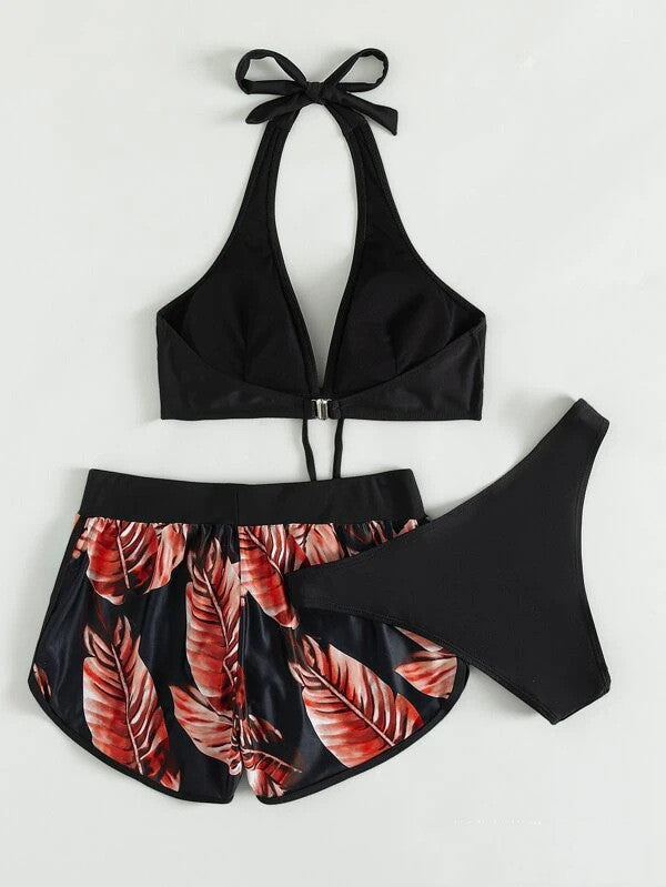 3pcs Leaf Print Bikini With Shorts Fashion Summer Beach Swimsuit Womens Clothing - KuzuSHOP