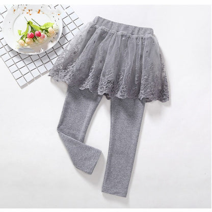 Children's Fake 2 Girls Leggings Cotton Lace Skirt Pants - KuzuSHOP