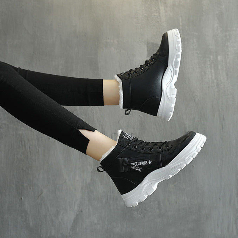 Women Fleece Lace-up Boots Winter Warm Short Plush High-top Shoes - KuzuSHOP