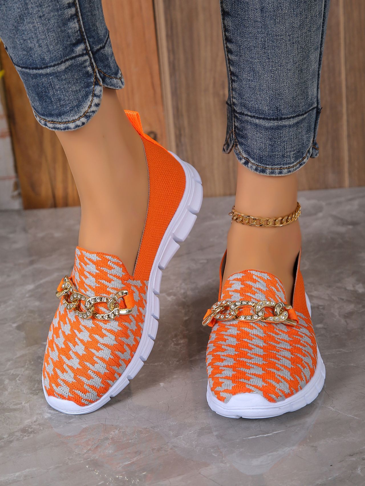 Casual Houndstooth Print Chain Mesh Shoes Summer Walking Sports Flat Shoes Women Breathable Loafers - KuzuSHOP
