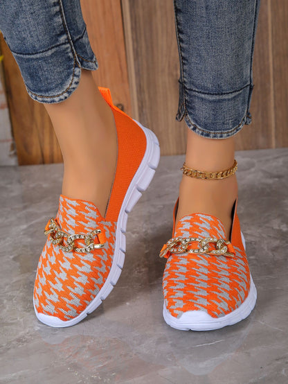 Casual Houndstooth Print Chain Mesh Shoes Summer Walking Sports Flat Shoes Women Breathable Loafers - KuzuSHOP